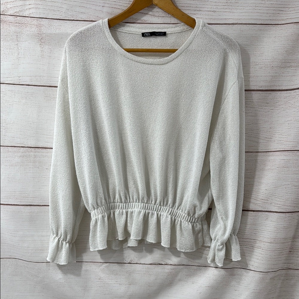 Women's Zara White Ruffled Hem Top shirt Large